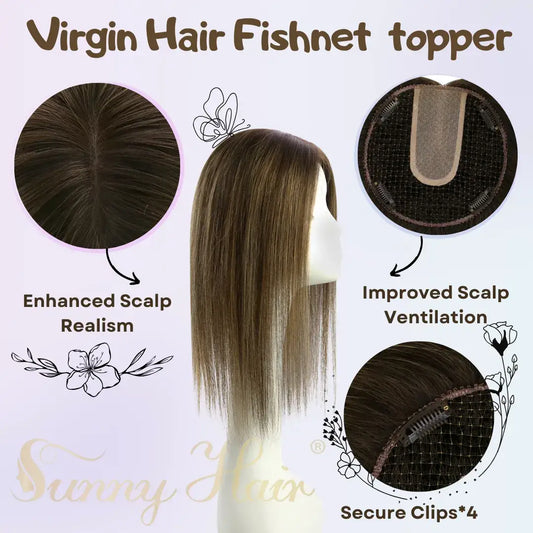 Fishnet human hair topper,fishing net topper,breathable fishnet human hair topper,Low-maintenance fishnet hairpiece,Invisible Hair Toppers,Fishnet lace topper,Clip-in fishnet topper,Silk hair topper,mono topper hair,Mono topper,human hair topper,hair topper for thinning crown,hair topper,virgin hair extensions,brown hair topper,natural brown hair topper,blonde hair topper,highlight blonde hair topper,balayage hair topper