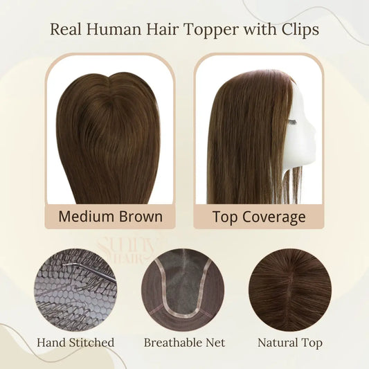 hair toppers for women, human hair topper, medium brown hair topper, large base topper, topper for thinning hair, real hair topper, natural hair addition, full coverage topper, remy hair topper, voluminous hair topper, clip-in hair topper, comfortable hair topper, stylish hair piece