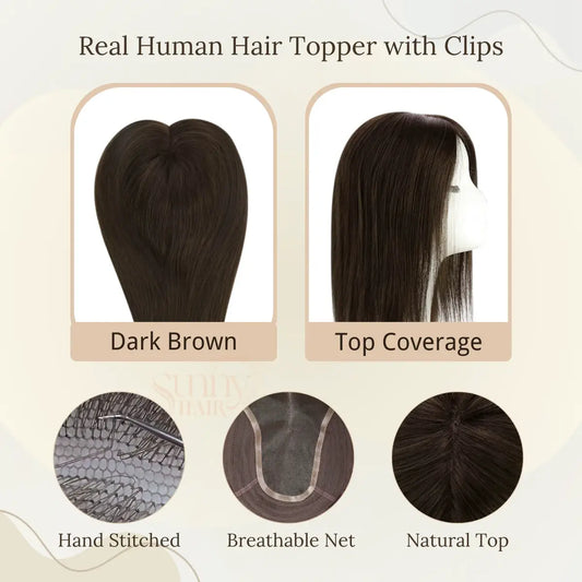 virgin human hair topper, darkest brown hair topper, full volume hair extension, clip-in toupee, natural black hair topper, thick hair clip-ins, human hair wig topper