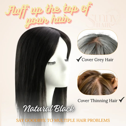 natural black hair topper, high quality human hair topper, real hair topper, clip in hairpiece, hair topper for thinning hair, hair loss solution, natural look hair topper, lightweight hairpiece, breathable base topper, seamless hair topper, coverage for thinning hair, hair topper for women, natural black color, realistic hairpiece