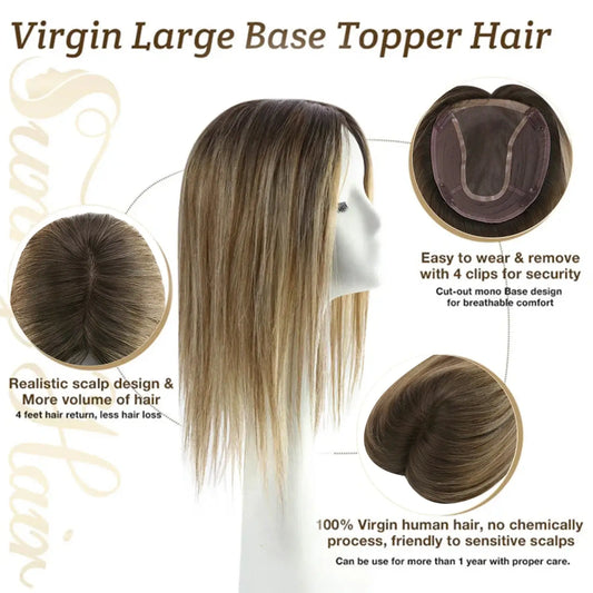 high quality virgin hair extensions,hair topper women,hair topper wig,hair topper silk base,hair topper human hair,hair topper for women,hair topper for thinning crown,hair topper,clip on hair topper,dark brown hair topper,human hair topper medium brown,balayage hair topper,distribute seams at will,invisible topper,large base topper,large base 6*7 inch,easy remove,easy wear