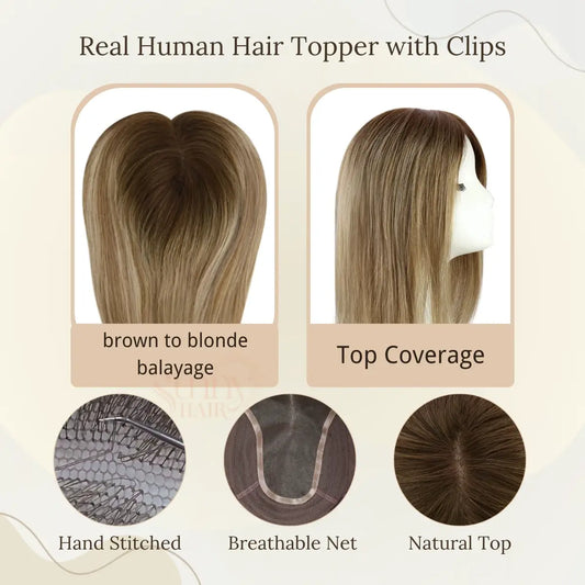 virgin hair topper, brown to blonde balayage hair topper, clip-in topper, hair extensions for thinning hair, volumizing hair pieces, hair pieces for women, thickening hair topper, natural looking topper, easy to apply hair topper, hair topper for fine hair, fullverage hair pieces