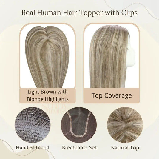 human hair toppers for thinning hair, virgin hair piece, no shedding, balayage style, blonde brown hair, smooth texture, breathable hair extension for women, durable, customizable, high-quality hair piece, natural appearance