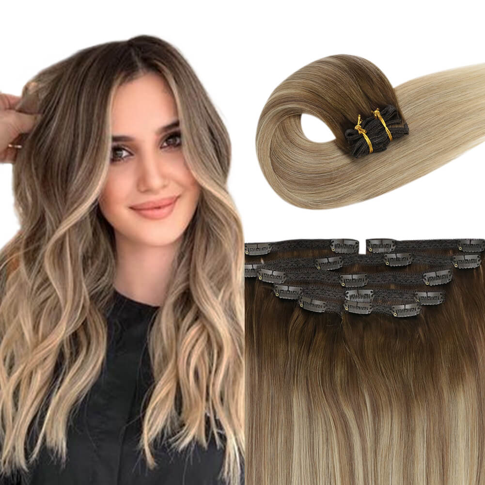 Clip in Human Hair Extensions Remy Hair Blonde Balayage #3/8/22 ...