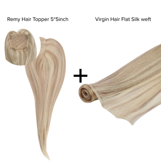 [Bundle] Remy Hair Topper5*5inch #P18/613 + Virgin Hair Flat Silk Wefts #P18/613