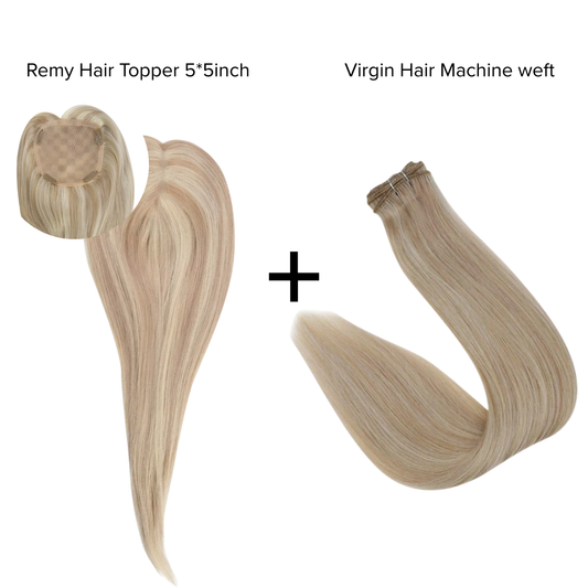 [Bundle] Remy Hair Topper5*5inch #P18/613 + Virgin Hair Machine Wefts #P18/613