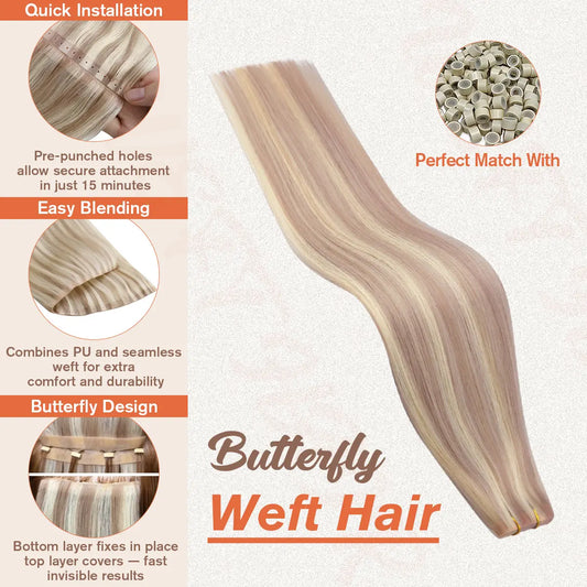 real human hair bundles butterfly weft hair extensions
