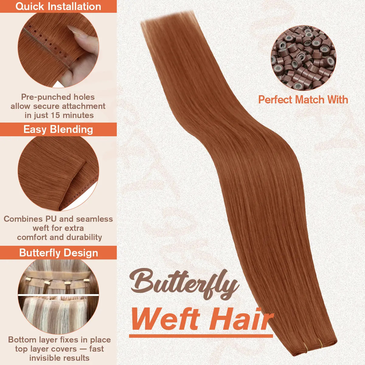 butterfly weft hair extensions real human hair copper color