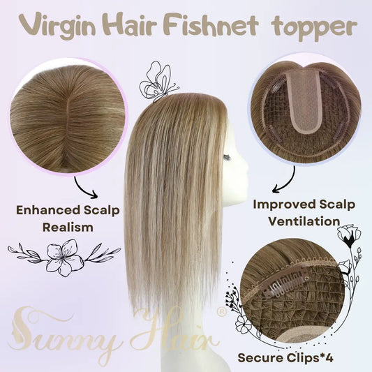 breathable fishnet virgin hair topper,fishnet topper,fishnet topper for women hair loss,high quality virgin hair extensions,hair topper women,hair topper wig,hair topper silk base,hair topper human hair,hair topper for women,hair topper for thinning crown,hair topper,clip on hair topper,dark brown hair topper,human hair topper light brown,balayage hair topper,brown highlight,blonde highlight,light brown with blonde hair