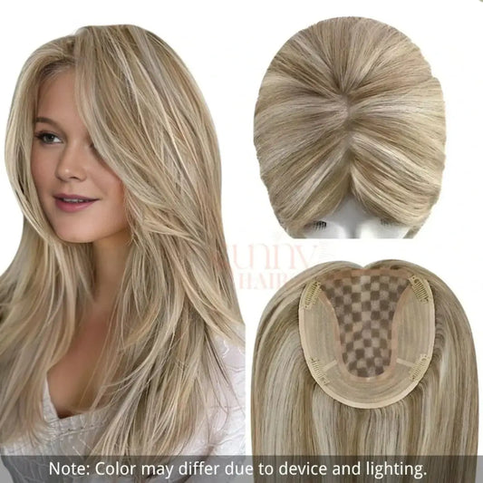 Human Virgin Hair Topper Light Brown with Blonde Highlights #P8/60