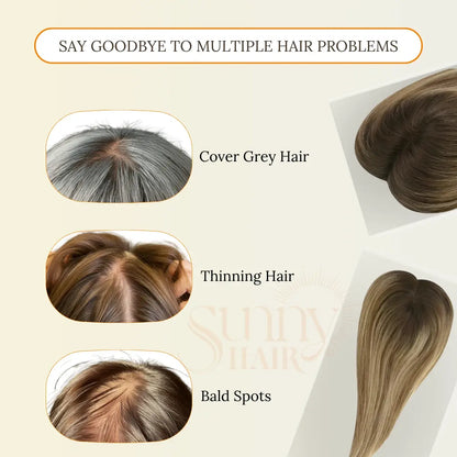 human hair extensions, virgin hair for women, balayage hair topper, brown blonde highlights, realistic look, hairpiece for women, comfortable wear, high-density hair, thick hair topper, easy to style, long-lasting coverage