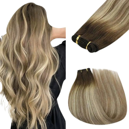 weft hair extensions balayage blonde, permanent tape ins hair,  single drawn hair, 100% real human hair, silky smooth hair, hair extensions, fantasy colors, fashion color