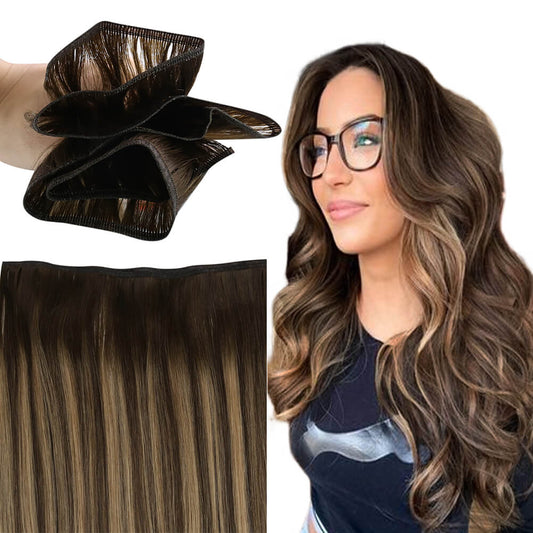 flat track weft extensions balayage brown hair