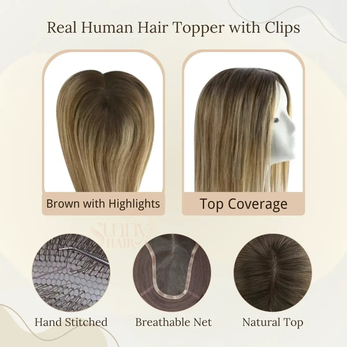 virgin hair toppers, human hair for women, brown highlights topper, premium quality, natural shine, soft hair, non-shedding topper, lightweight, breathable, seamless blend, full coverage, customizable fit, salon-approved