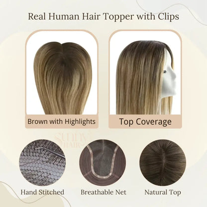 virgin hair toppers, human hair for women, brown highlights topper, premium quality, natural shine, soft hair, non-shedding topper, lightweight, breathable, seamless blend, full coverage, customizable fit, salon-approved