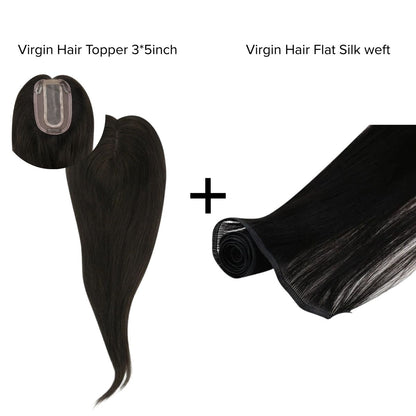 [Bundle] Virgin Hair Topper3*5inch #1B + Flat Silk Weft Natural Black #1B