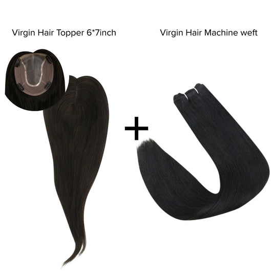 [Bundle] Virgin Hair Topper6*7 inch #1B + Machine Weft Natural Black #1B