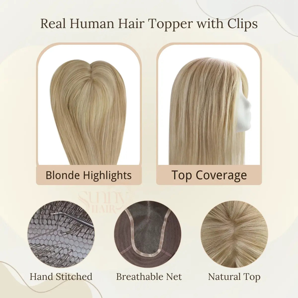 virgin hair topper, blonde highlights, hair piece for thinning hair, human hair topper, seamless blend, natural look, no shedding, full coverage, balayage hair topper, comfortable fit, hair loss solution, realistic appearance, long-lasting